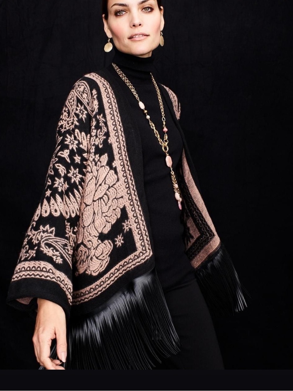 Chico's Black and Blush Floral Fringe Knit Poncho
